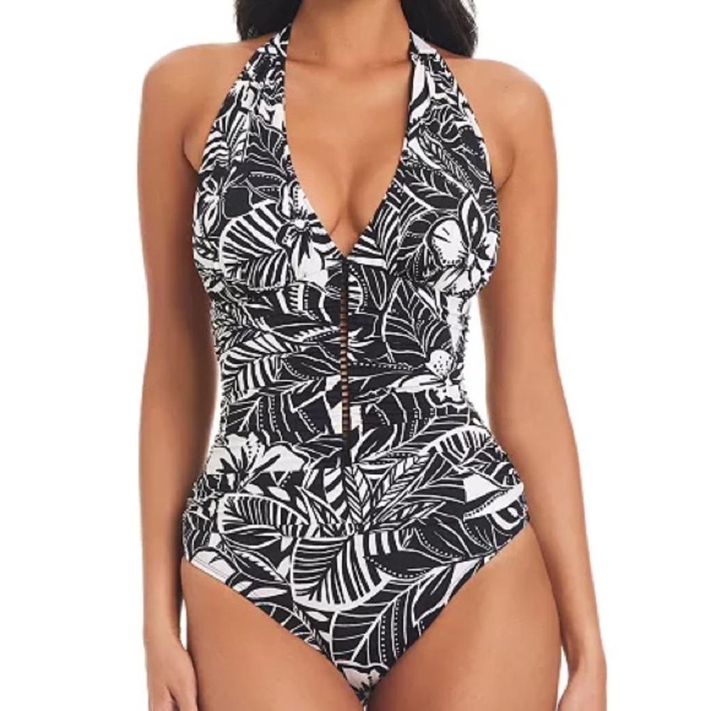 Bleu Rod Beattie Ciao Bella One-Piece Halter Swimsuit Black White size 14 NWT